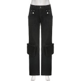 Street waste geotextile style multi pocket straight jeans Spice girl low waist slim casual trousers