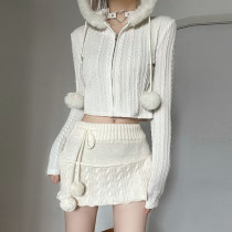 Casual basic simple fried dough twist texture short cardigan autumn and winter new wool splicing zipper hoodie