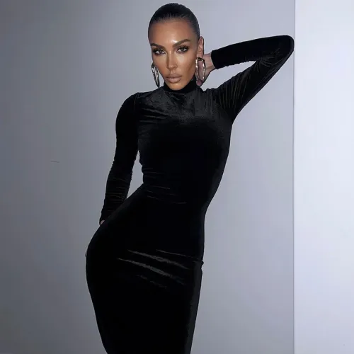 Fashion solid color slim back zipper high neck long sleeve dress