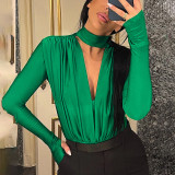 Sexy V-neck slim bottomed long sleeve jumpsuit