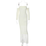 Woolen temperament slim fringed long skirt with long sleeves and bare shoulders