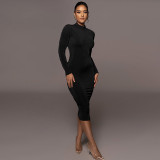 Fashion temperament solid color slim fitting high collar long sleeve dress