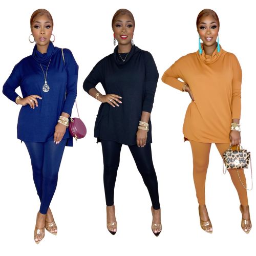 Autumn and winter thick fashion leisure high collar long sleeve trousers two-piece set