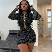 Fashionable printed sexy cut out long sleeve slim wrap skirt