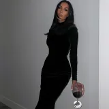 Fashion solid color slim back zipper high neck long sleeve dress