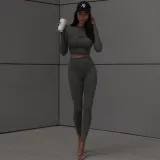 Fashion slim fitting open navel long sleeve top slim yoga pants suit
