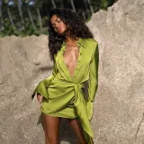 Sexy high elastic V-neck lapel long sleeve dress