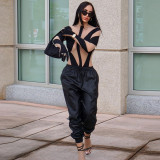 Fashionable sexy mesh perspective splicing long sleeved finger suit jumpsuit