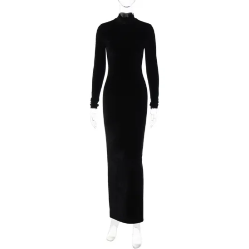 Fashion solid color slim back zipper high neck long sleeve dress