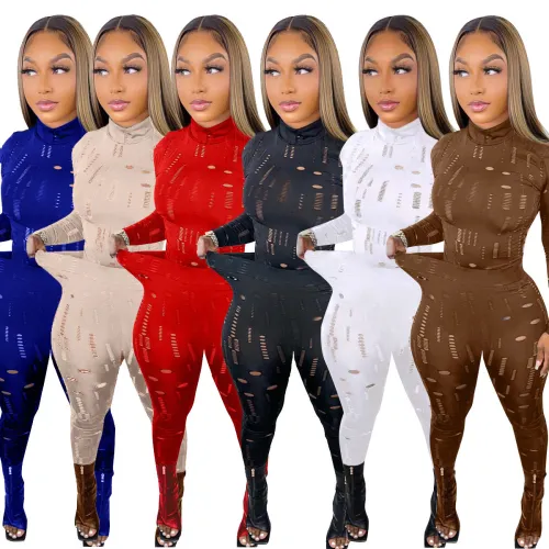 Women's elastic tattered high collar long sleeve top and small pants suit LD82014
