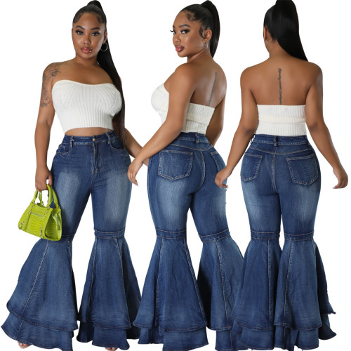 Fashion Versatile Wide Leg Washed Denim Elastic Flare Pants