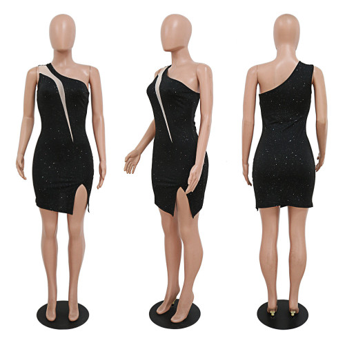 Irregular Split One Shoulder Sleeve Sequin Party Nightclub Hip Wrap Dress