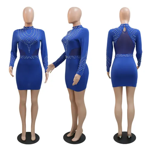 Milk Silk Mosaic Mesh Sexy Perspective Wrap Hip A-line Dress Party Hot Drill Dress