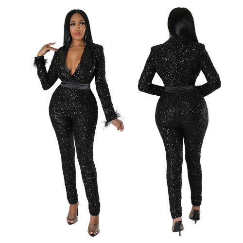 Velvet beads sexy deep V slim long sleeve jumpsuit nightclub party style