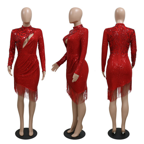 Fashionable sequin party dress with irregular fringed skirt hem