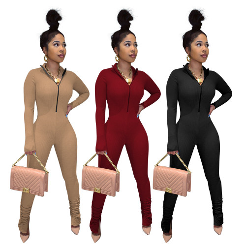 Solid color high elastic zipper open leg jumpsuit