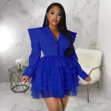 Mesh Splice V-Neck Right Shoulder Dress Skirt