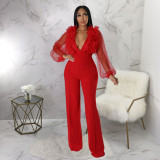 Mesh lantern sleeve V-neck open back jumpsuit