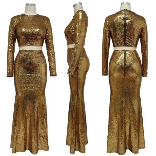 Open waist fishtail skirt suit sequins two-piece set