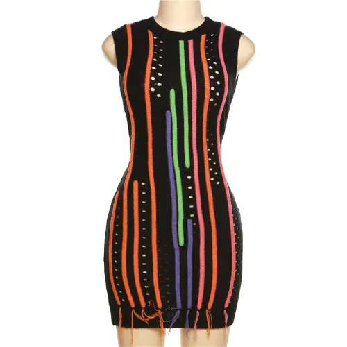 Fashion tassel sleeveless slim sexy slim fitting patchwork wool dress