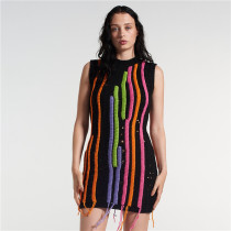 Fashion tassel sleeveless slim sexy slim fitting patchwork wool dress