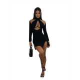 Fashion sexy hot girl hollow out long sleeved solid fitting hip wrap dress