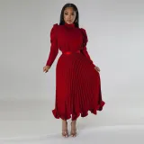Women's Bubble Sleeve Top Ruffles Pleated Skirt Two Piece Set
