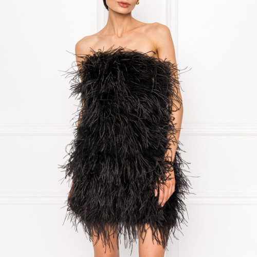 Women's party dress Sexy strapless skirt Bright feather dress