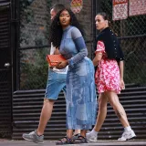 Fashion Personality Distressed Denim Print Long Sleeve Slim Wrap Hip Dress