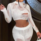 Fashion trendy sexy hollow hole long sleeve slim knit trousers suit