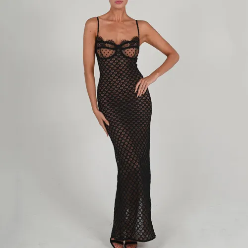 Sexy Sling Skirt Fashion Lace Backless Split Polka Point Dress