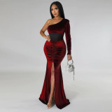 Women's slant neck pleated split solid fishtail dress