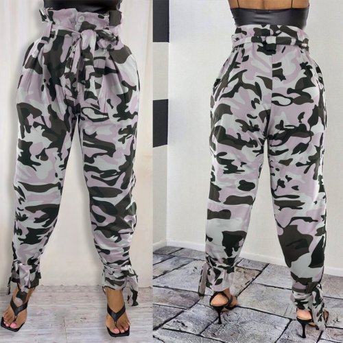Women's casual sports camouflage printing basic regular high waist trousers