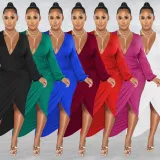 Fashion Women's Solid V-Neck Long Sleeve Dress Pleated Dress