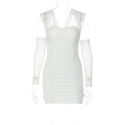 Slippery Shoulder Sleeves Breast Bandeau Pleated Sexy Short Hip Wrap Dress