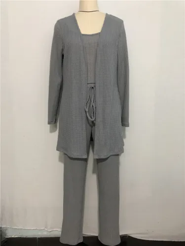 Household clothes Women's Waffle knitting suspender top trousers gown pajamas three piece suit