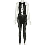 Women's fashion sexy jacquard mesh pure color hollow high elastic tight jumpsuit