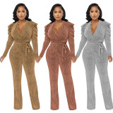 Women's sexy waist closing V-neck bubble sleeve bright knitting jumpsuit