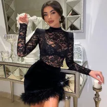 Perspective Lace Splice Hip Wrapped Short Skirt Slim Autumn Long Sleeve Dress
