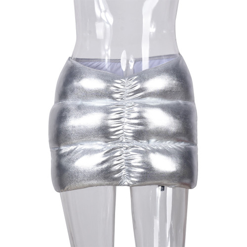 Cotton filled bright leather splash proof three-dimensional super short skirt