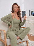 Household clothes Women's Waffle knitting suspender top trousers gown pajamas three piece suit