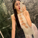 Women's fashion sexy jacquard mesh pure color hollow high elastic tight jumpsuit