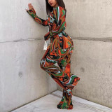 Sexy printed shirt wide leg pants fashionable casual two-piece set