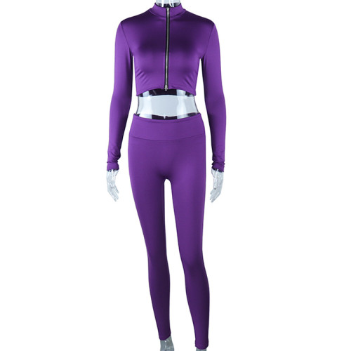 Solid color top long sleeve zipper open navel trousers tight casual sports suit