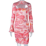 Printed long sleeve flared sleeve hip wrap dress for women