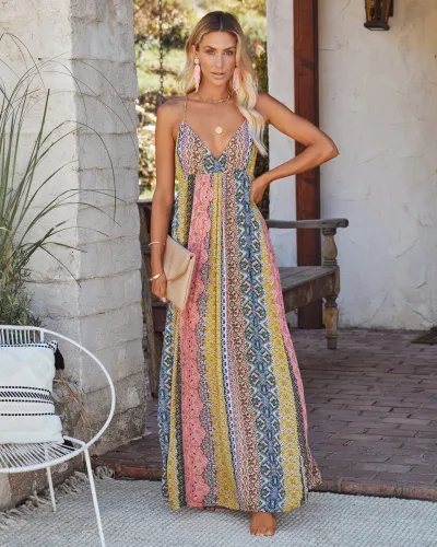 V-neck sexy backless suspender printed large hem dress for women