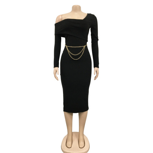 Fashion women's solid diagonal collar long sleeve metal chain belt dress