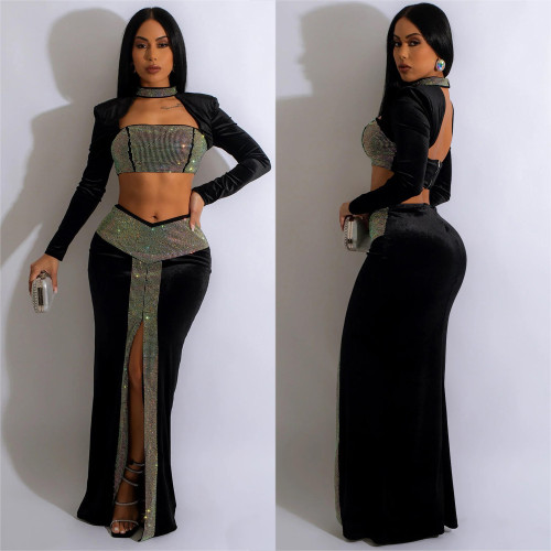 Fashion women's solid color hot drilling long sleeved skirt short shirt two-piece set