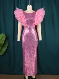 New Fantasy Sequins Round Neck Dress Birthday Party Sexy Celebrity Sleeveless One Step Dress