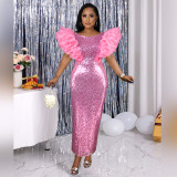 New Fantasy Sequins Round Neck Dress Birthday Party Sexy Celebrity Sleeveless One Step Dress